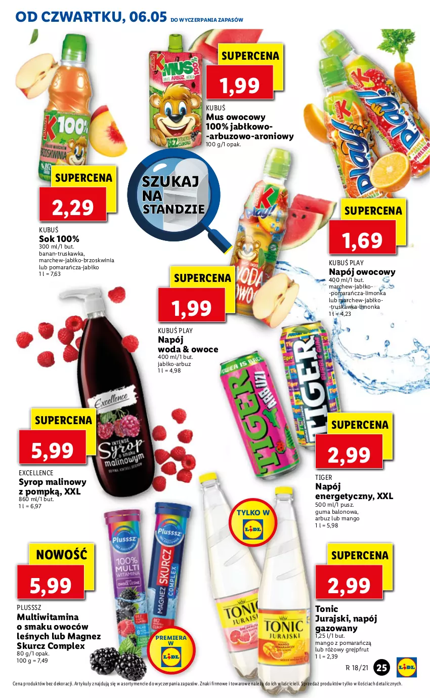 Gazetka promocyjna Lidl - GAZETKA - ważna 06.05 do 08.05.2021 - strona 25 - produkty: Arbuz, Grejpfrut, Kubuś, Limonka, Magnez, Mango, Mus, Napój, Napój energetyczny, Napój gazowany, Owoce, Sok, Syrop, Tiger, Woda