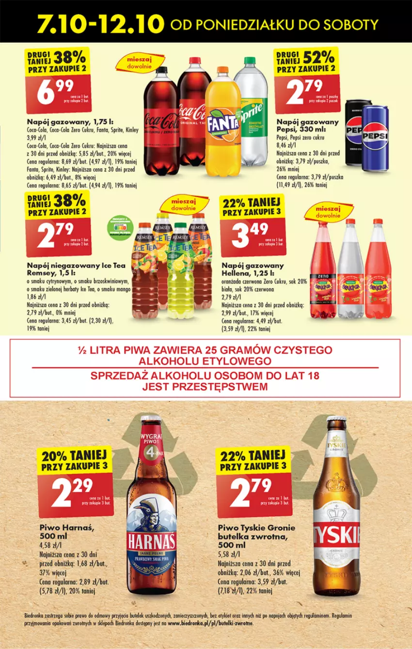 Gazetka promocyjna Biedronka - Od poniedzialku - ważna 07.10 do 12.10.2024 - strona 53 - produkty: Coca-Cola, Dron, Fa, Fanta, Hellena, Ice tea, Mango, Napój, Napój gazowany, Pepsi, Piwo, Sok, Sprite, Tyskie