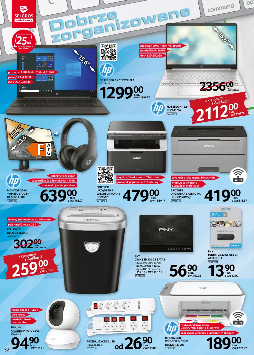 Gazetka promocyjna Selgros - Oferta przemysłowa - ważna 08.09 do 21.09.2022 - strona 32 - produkty: Brother, Drukarka, HP, Kamera, Kosz, Mobil, Monitor, Niszczarka, Notebook, Papier, Pendrive, Procesor, Ser, Smartfon, TP-Link, Urządzenie wielofunkcyjne