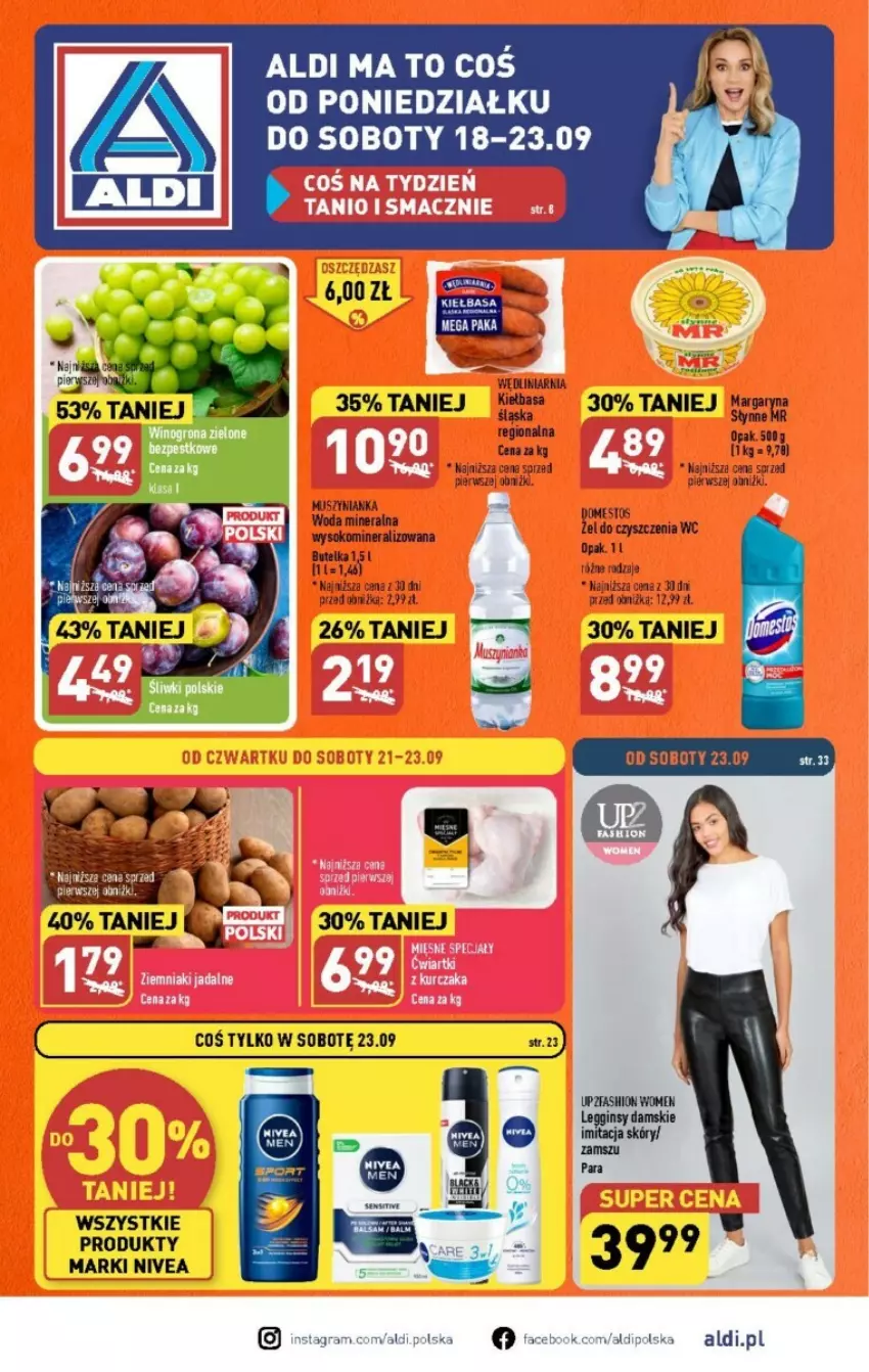 Gazetka promocyjna Aldi - ważna 18.09 do 23.09.2023 - strona 1 - produkty: Fa, Kiełbasa, Mus, Muszynianka, Nivea, Sok, Woda, Woda mineralna