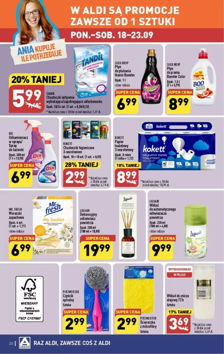 Gazetka promocyjna Aldi - ważna 18.09 do 23.09.2023 - strona 13 - produkty: Booster, Chusteczki, Fa, Olej, Papier, Płyn do płukania, Płyn do prania, Sanki, Znicz