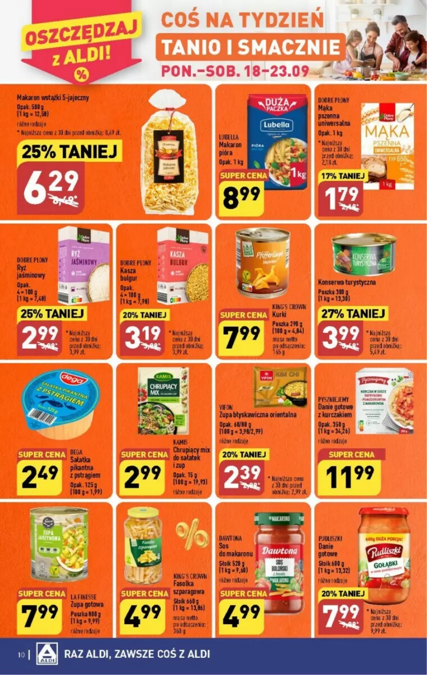 Gazetka promocyjna Aldi - ważna 18.09 do 23.09.2023 - strona 2 - produkty: Bulgur, Danie gotowe, Dawtona, Dega, Fa, Kasza, Konserwa turystyczna, Kurczak, LG, Mąka, Makaron, Ryż, Sałat, Sałatka, Ser, Sos, Sos do makaronu