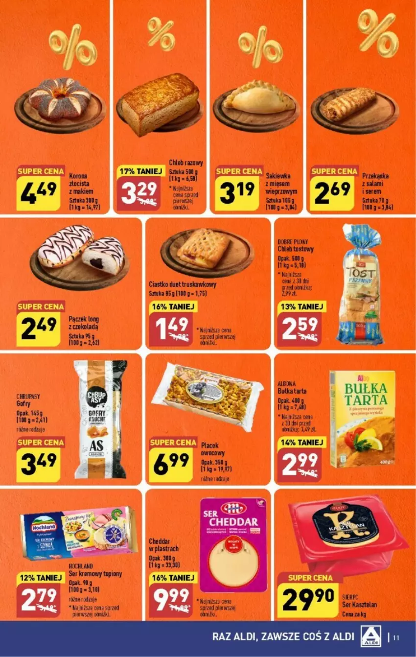 Gazetka promocyjna Aldi - ważna 18.09 do 23.09.2023 - strona 3 - produkty: Albona, Bułka, Cheddar, Chleb, Chleb tostowy, Gofry, Hochland, Kask, Kasztelan, Pączek, Salami, Ser, Ser Kasztelan, Tarta, Top