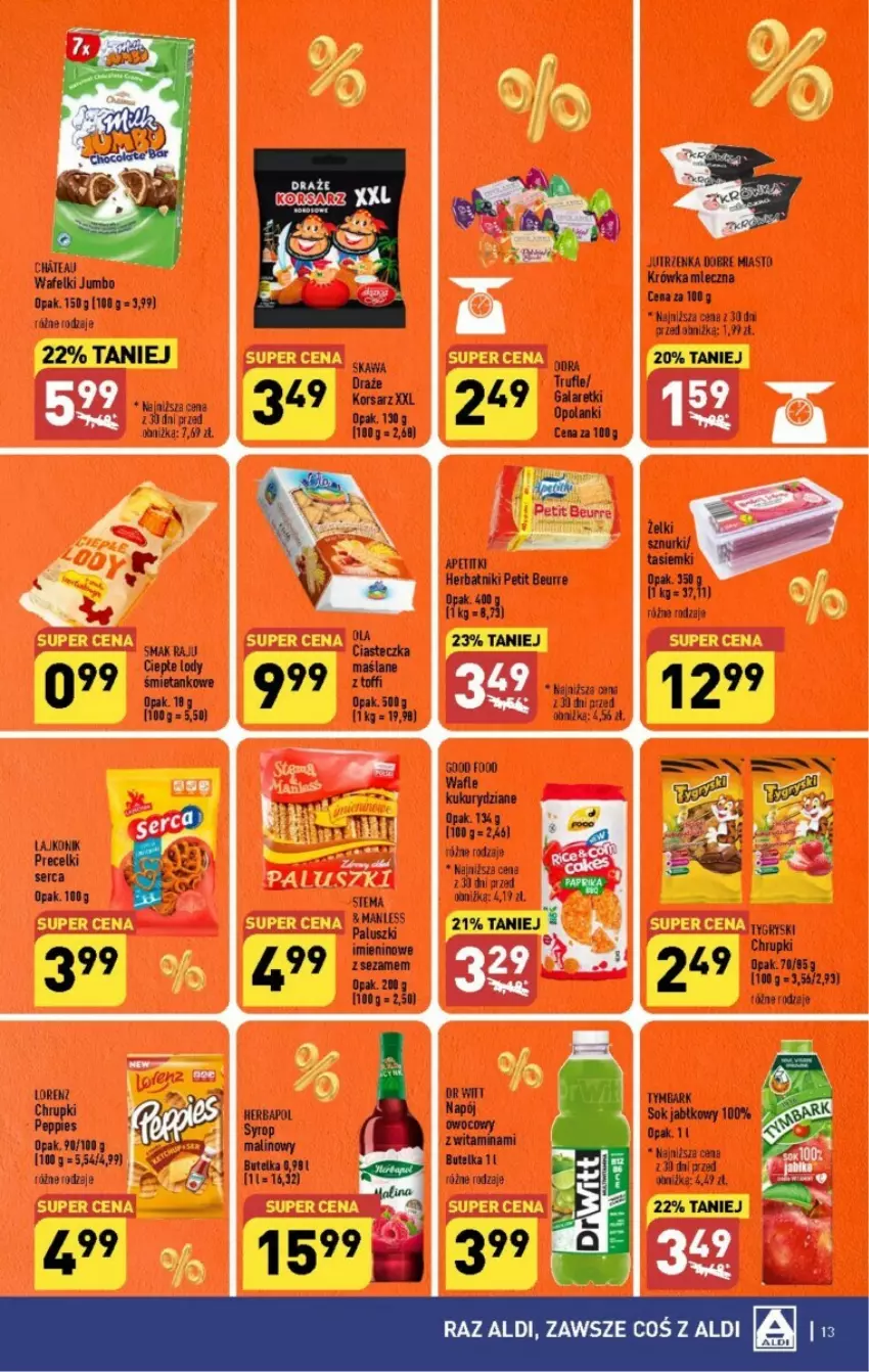 Gazetka promocyjna Aldi - ważna 18.09 do 23.09.2023 - strona 5 - produkty: Chrupki, Ciepłe lody, Gala, Galaretki, Herbapol, Herbatniki, Herbatniki Petit Beurre, Jutrzenka, Lanki, Lody, Lorenz, Napój, Sok, Sok jabłkowy, Syrop, Tymbark