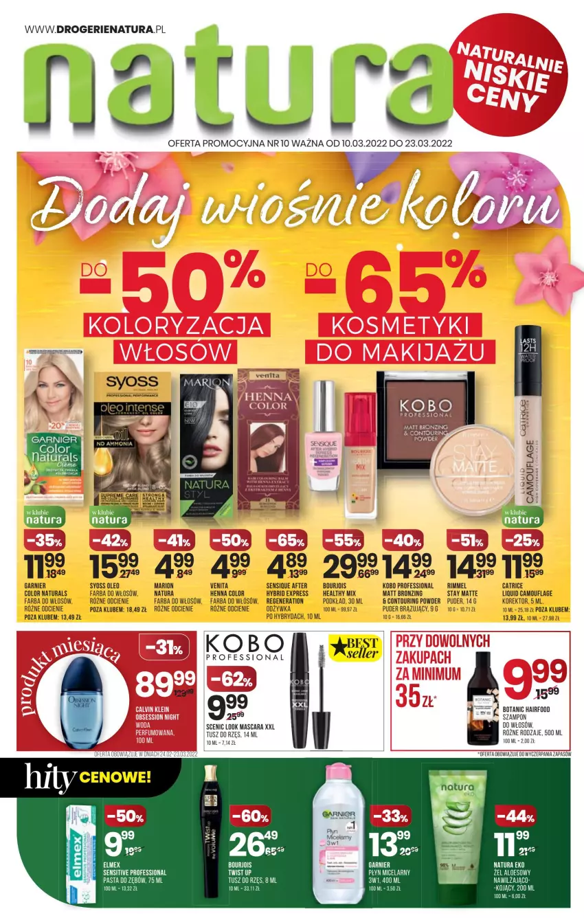 Gazetka promocyjna Drogerie Natura - Gazetka Drogerie Natura - ważna 10.03 do 23.03.2022 - strona 1 - produkty: Bourjois, Fa, Farba do włosów, Garnier, KOBO, Odżywka, Oleo, Płyn micelarny, Podkład, Puder, Syoss, Szampon, Tusz