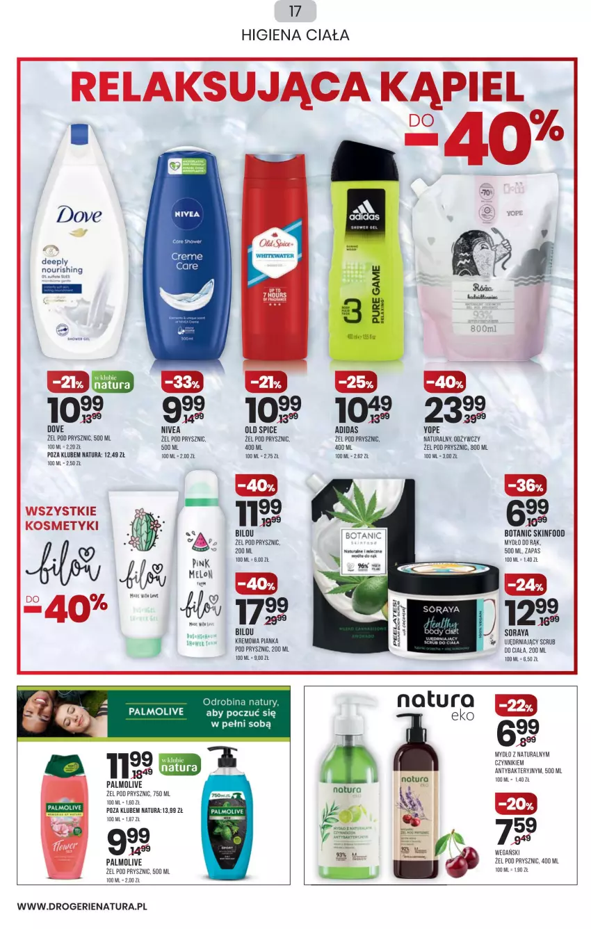 Gazetka promocyjna Drogerie Natura - Gazetka Drogerie Natura - ważna 10.03 do 23.03.2022 - strona 17 - produkty: Adidas, Body, Dove, Miecz, Mydło, Nivea, Old Spice, Palmolive, Pianka pod prysznic, SKINFOOD, Yope