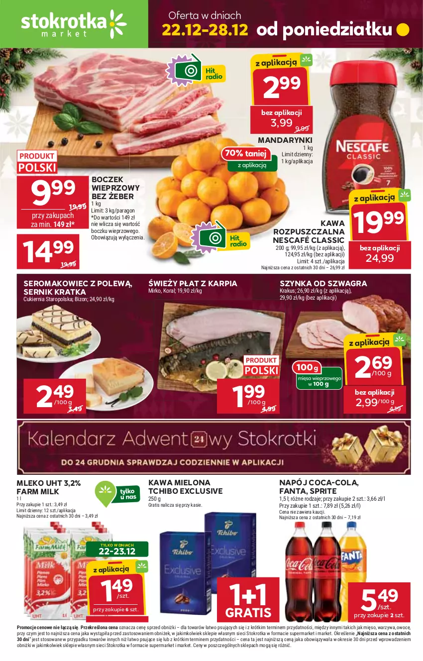 Gazetka promocyjna Stokrotka - Market - ważna 22.12 do 28.12.2025 - strona 1 - produkty: Boczek, Boczek wieprzowy, Coca-Cola, Cukier, Fa, Fanta, Farm Milk, Gra, Karp, Kawa, Kawa mielona, Kawa rozpuszczalna, Krakus, Makowiec, Mandarynki, Mięso, Mleko, Napój, Nescafé, Owoce, Ser, Sprite, Szynka, Tchibo, Warzywa