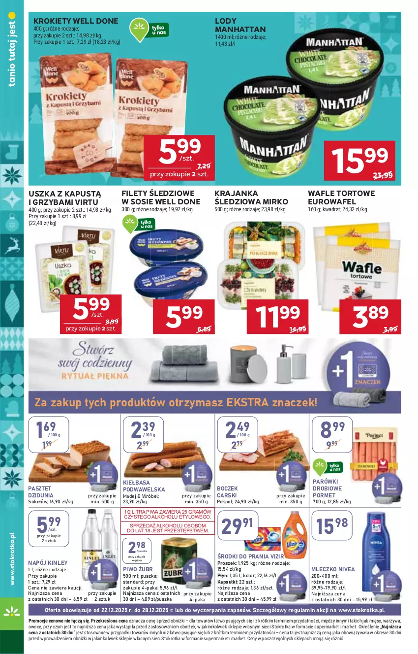 Gazetka promocyjna Stokrotka - Market - ważna 22.12 do 28.12.2025 - strona 18 - produkty: Boczek, Cars, Gra, Kapustą, Kiełbasa, Kiełbasa podwawelska, Krajanka śledziowa, Krokiety, Lody, Mięso, Mleczko, Napój, Nivea, Owoce, Parówki, Pasztet, Pekpol, Piwa, Piwo, Por, Sok, Sokołów, Sos, Virtu, Vizir, Wafle, Wafle tortowe, Warzywa, Wawel