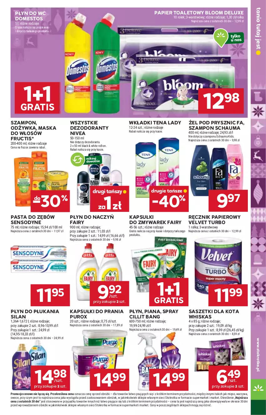 Gazetka promocyjna Stokrotka - Market - ważna 22.12 do 28.12.2025 - strona 27 - produkty: Cillit Bang, Dezodorant, Domestos, Fa, Fairy, Fructis, Gra, Kapsułki do prania, Lack, Maska, Maska do włosów, Mięso, Nivea, Odżywka, Owoce, Papier, Papier toaletowy, Pasta do zębów, Płyn do płukania, Płyn do wc, Pur, Ręcznik, Schauma, Sensodyne, Silan, Szampon, Velvet, Warzywa, Whiskas, Wkładki