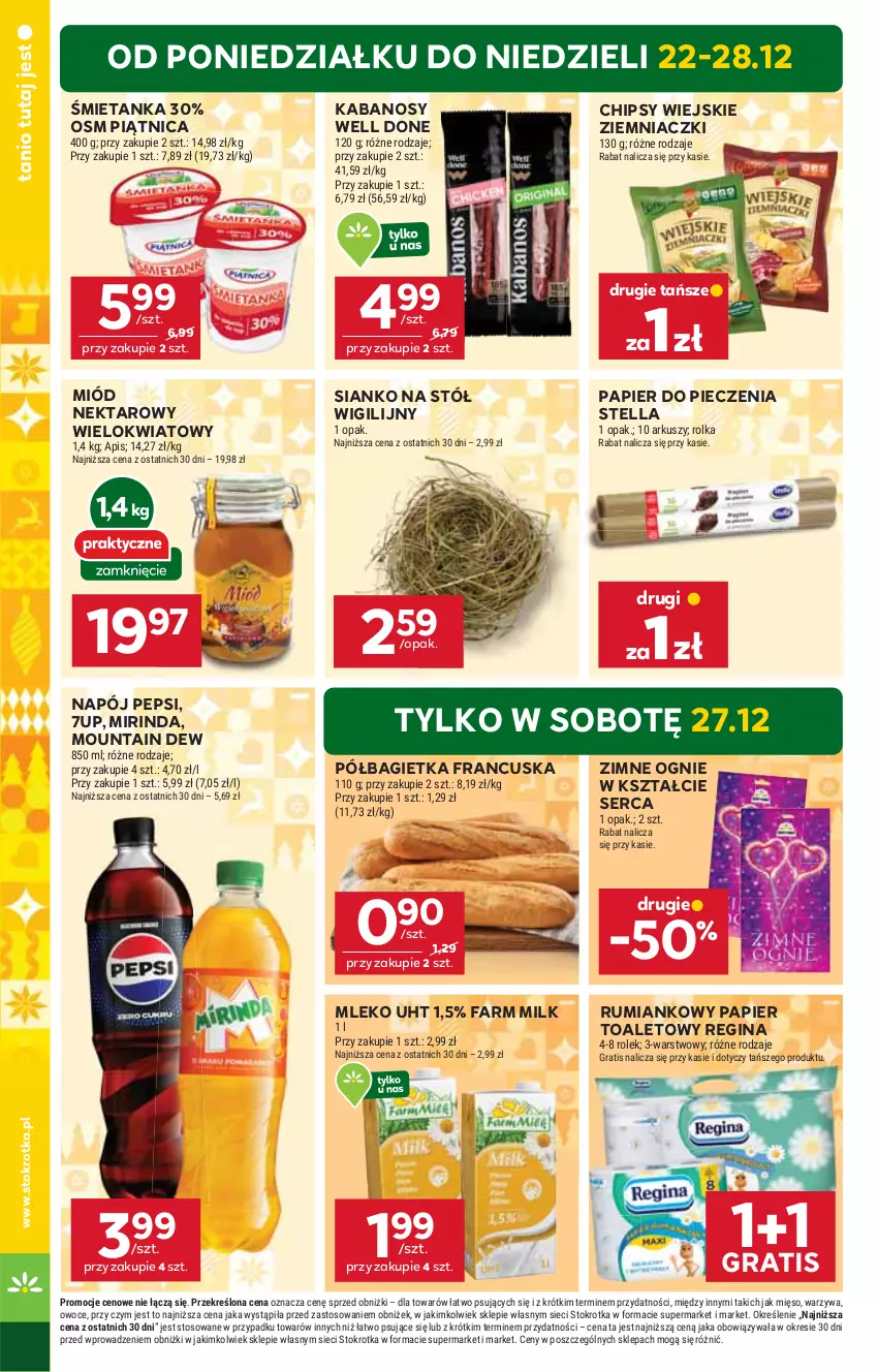 Gazetka promocyjna Stokrotka - Market - ważna 22.12 do 28.12.2025 - strona 6 - produkty: 7up, Bagietka, Chipsy, Fa, Farm Milk, Gin, Gra, Kabanos, Mięso, Miód, Mirinda, Mleko, Napój, Nektar, Owoce, Papier, Papier do pieczenia, Papier toaletowy, Pepsi, Piątnica, Piec, Półbagietka, Rum, Ser, Stół, Warzywa