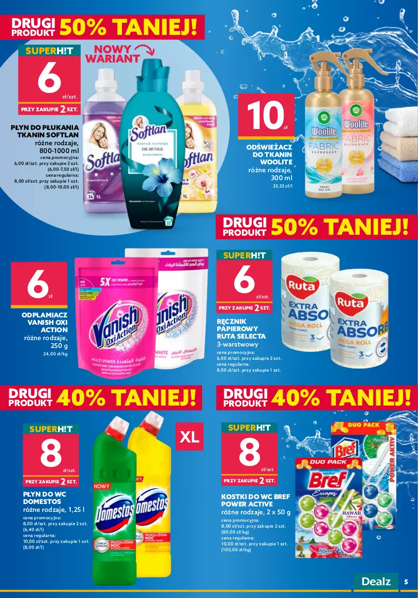 Gazetka promocyjna Dealz - NOWA GAZETKASETKI PRODUKTÓW TANIEJ! - ważna 27.07 do 09.08.2022 - strona 5 - produkty: Always, Aquafresh, Bref, Chusteczki, Domestos, Dove, Gra, Odplamiacz, Papier, Pasta do zębów, Płyn do płukania, Płyn do wc, Podpaski, Ręcznik, Senses, Suchy szampon, Szampon, Szczoteczka, Szczoteczka do zębów, Vanish, Wkładki, Woolite