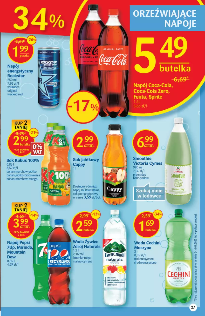 Gazetka promocyjna Delikatesy Centrum - Gazetka DC11 - ważna 17.03 do 23.03.2022 - strona 27 - produkty: 7up, Cappy, Coca-Cola, Fa, Fanta, Gin, Kubuś, Limonka, Mango, Mięta, Mirinda, Mus, Napój, Pepsi, Smoothie, Sok, Sok jabłkowy, Sok pomarańczowy, Sprite, Szyna, Woda