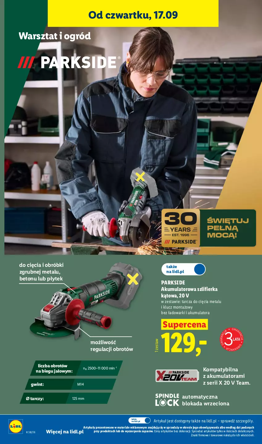 Gazetka promocyjna Lidl - Gazetka ważna od 17.09 do 19.09 - ważna 17.09 do 19.09.2026 - strona 36 - produkty: Akumulator, Ogród, Parkside, Ser, Szlifierka, Szlifierka kątowa