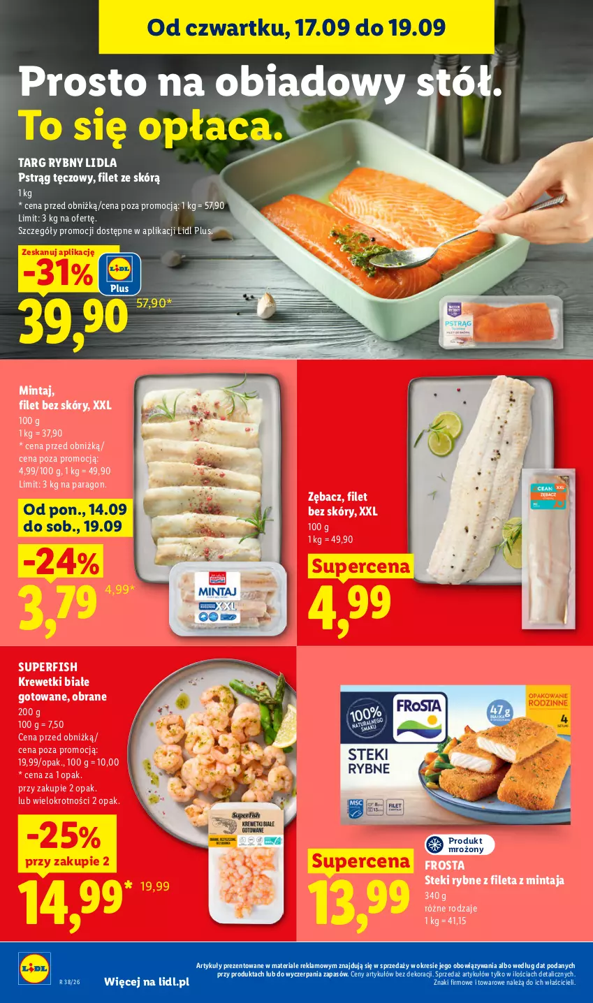 Gazetka promocyjna Lidl - Gazetka ważna od 17.09 do 19.09 - ważna 17.09 do 19.09.2026 - strona 60 - produkty: Frosta, Krewetki, Mintaj, Pstrąg, Pstrąg tęczowy, Stek, Stół
