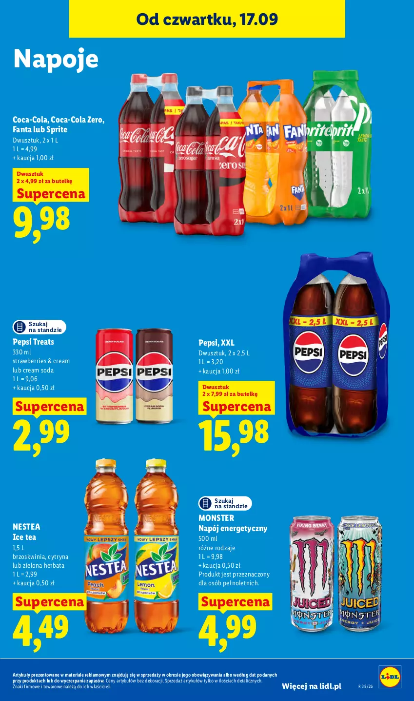 Gazetka promocyjna Lidl - Gazetka ważna od 17.09 do 19.09 - ważna 17.09 do 19.09.2026 - strona 65 - produkty: Coca-Cola, Fa, Fanta, Herbata, Ice tea, Napój, Napój energetyczny, Napoje, Nestea, Pepsi, Sprite
