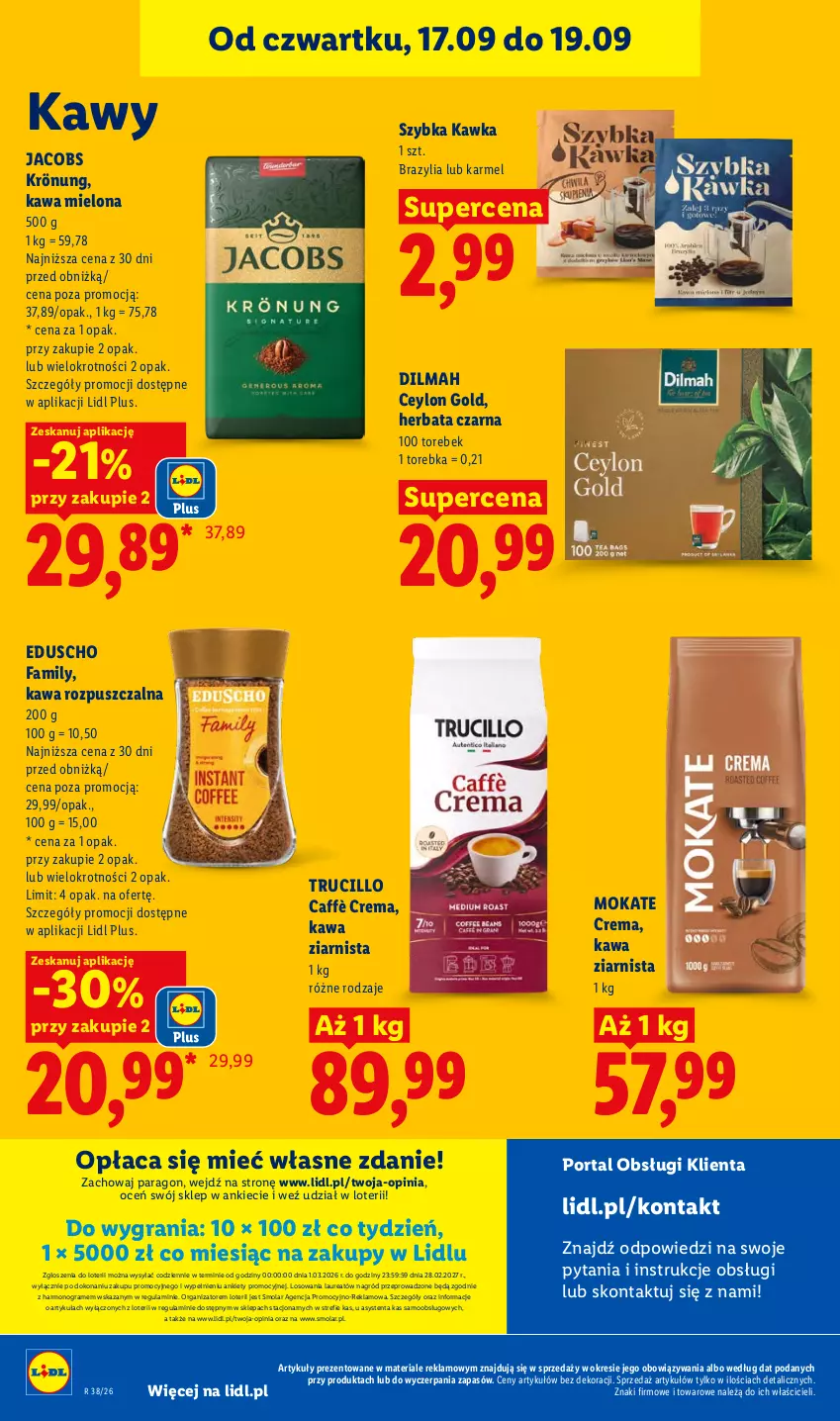 Gazetka promocyjna Lidl - Gazetka ważna od 17.09 do 19.09 - ważna 17.09 do 19.09.2026 - strona 76 - produkty: Dilmah, Fa, Gra, Herbata, Herbata czarna, Jacobs, Jacobs Krönung, Kawa, Kawa mielona, Kawa rozpuszczalna, Kawa ziarnista, Laur, Mola, Por, Portal, Torebka