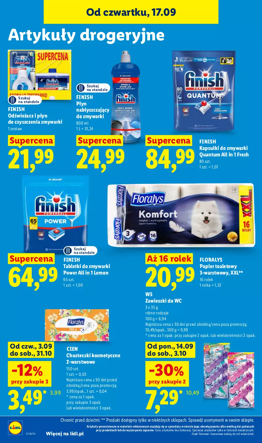 Gazetka promocyjna Lidl - Gazetka ważna od 17.09 do 19.09 - ważna 17.09 do 19.09.2026 - strona 90 - produkty: Chusteczki, Chusteczki kosmetyczne, Finish, Flora, Papier, Papier toaletowy, Płyn nabłyszczający, Tablet, Tabletki do zmywarki, Zawieszki, Zmywarki