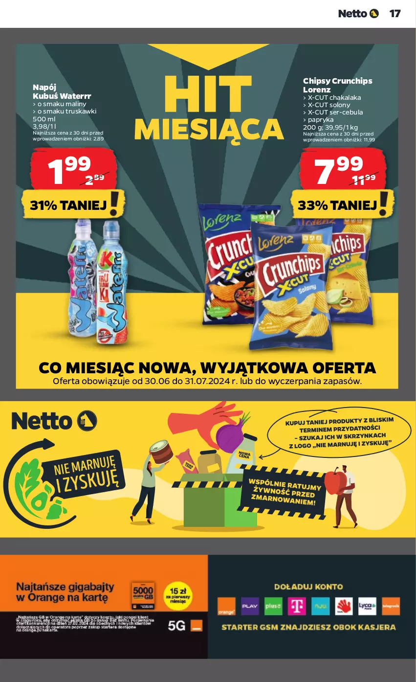 Gazetka promocyjna Netto - Artykuły spożywcze - ważna 11.07 do 17.07.2024 - strona 17 - produkty: Cebula, Chipsy, Crunchips, Kubuś, Kubuś Waterrr, Lorenz, Maliny, Napój, Papryka, Ser, Truskawki