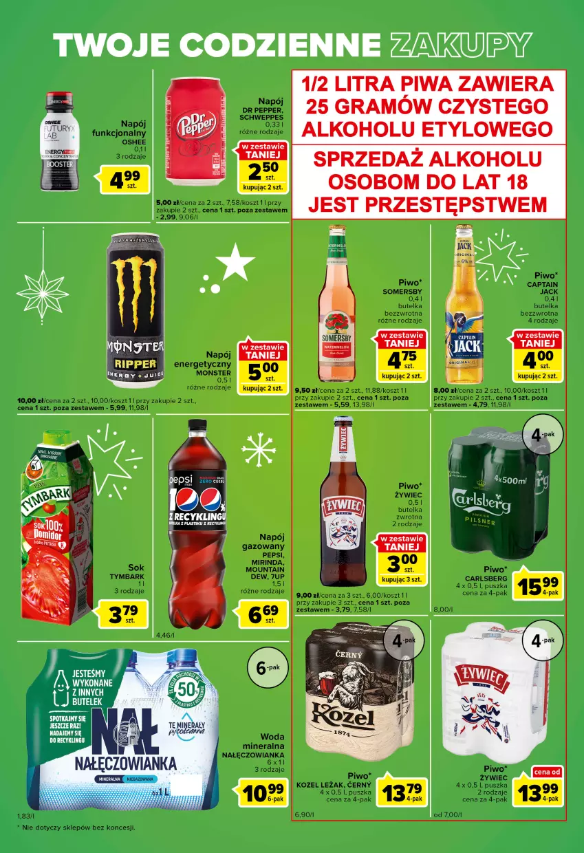 Gazetka promocyjna Carrefour - Gazetka Express - ważna 06.12 do 12.12.2022 - strona 4 - produkty: 7up, Captain Jack, Carlsberg, Kosz, Kozel, Mirinda, Nałęczowianka, Napój, Napój energetyczny, Napój gazowany, Oshee, Pepsi, Piwo, Schweppes, Sok, Somersby, Tymbark, Woda, Woda mineralna