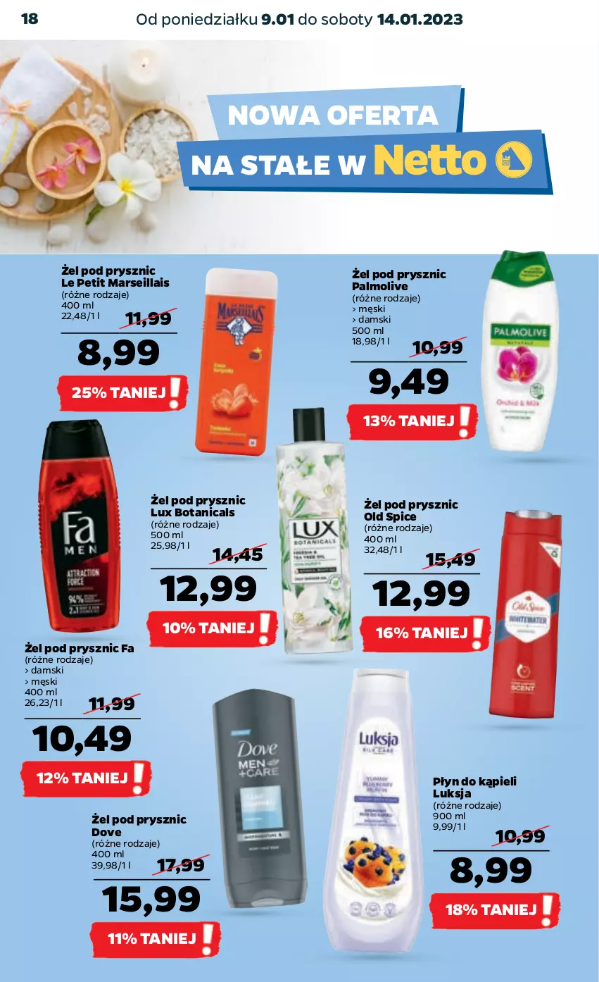 Gazetka promocyjna Netto - Artykuły spożywcze - ważna 09.01 do 14.01.2023 - strona 18 - produkty: Dove, Fa, Luksja, Mars, Old Spice, Palmolive, Płyn do kąpieli