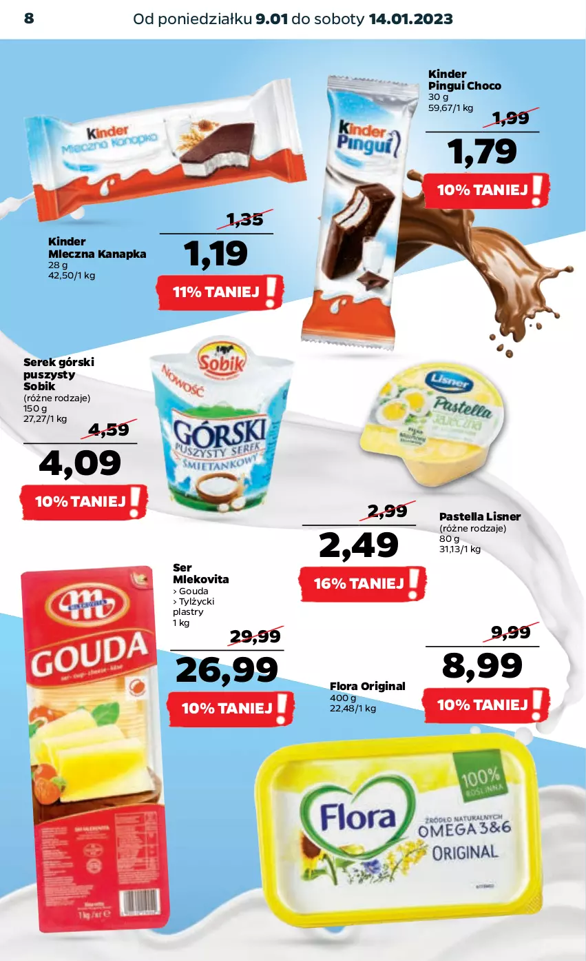 Gazetka promocyjna Netto - Artykuły spożywcze - ważna 09.01 do 14.01.2023 - strona 8 - produkty: Flora, Gin, Gouda, Kinder, Lisner, Mleczna kanapka, Mleko, Mlekovita, Pastella, Ser, Serek