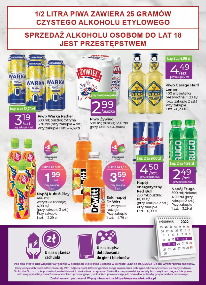 Gazetka promocyjna Stokrotka - Stokrotka Express - ważna 13.10 do 19.10.2022 - strona 4 - produkty: Fa, Gra, Napój, Piwa, Piwo, Radler, Red Bull, Sok, Telefon, Warka