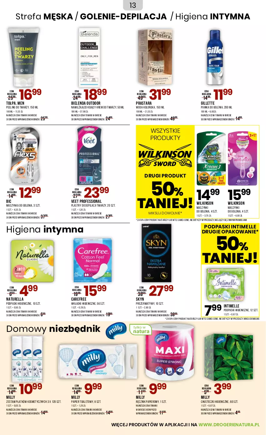 Gazetka promocyjna Drogerie Natura - Gazetka Drogerie Natura - ważna 03.09 do 19.09.2025 - strona 13 - produkty: BIC, Bielenda, Carefree, Chusteczki, Fa, Gillette, Krem do twarzy, Maszynka, Maszynka do golenia, Naturell, Naturella, Papier, Papier toaletowy, Peeling, Pianka do golenia, Plastry do depilacji, Podpaski, Prezerwatyw, Ręcznik, Skyn, Szynka, Tołpa, Veet, Wkładki, Woda, Woda kolońska