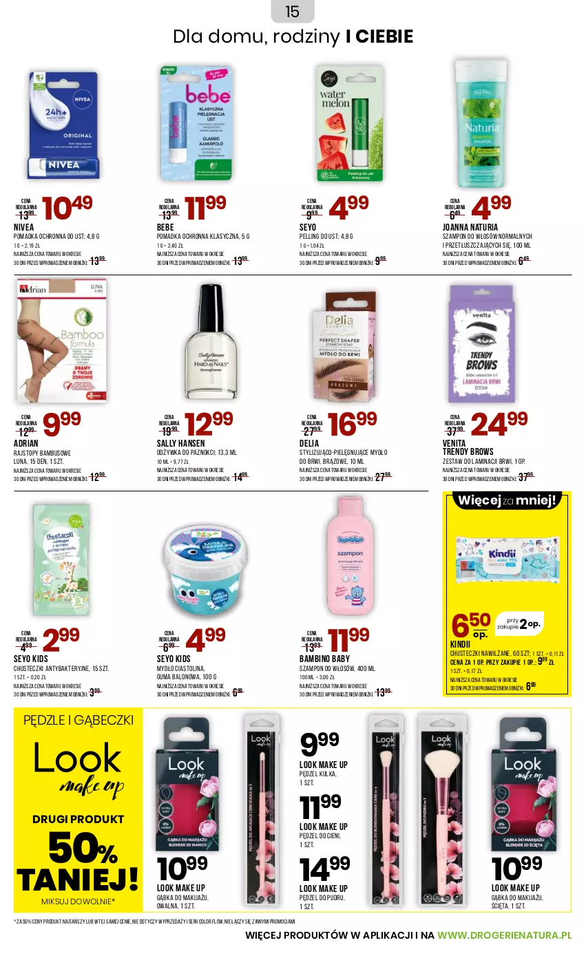 Gazetka promocyjna Drogerie Natura - Gazetka Drogerie Natura - ważna 03.09 do 19.09.2025 - strona 15 - produkty: Chusteczki, Joanna, Kindii, Makijaż, Mydło, Nivea, Odżywka, Pędzel do pudru, Rajstopy, Sally Hansen, Ser, Szampon, Top