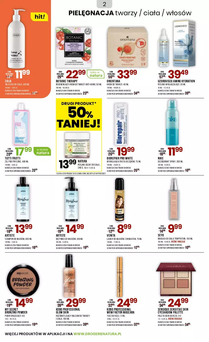 Gazetka promocyjna Drogerie Natura - Gazetka Drogerie Natura - ważna 03.09 do 19.09.2025 - strona 2 - produkty: Biorepair, Dezodorant, Fa, Gin, KOBO, Krem do twarzy, Lakier, Lakier do włosów, Mleczko, Mleczko do ciała, Nike, Odżywka, Paleta, Palette, Pasta do zębów, Peeling, Puder, Szampon, Tusz, Ziaja