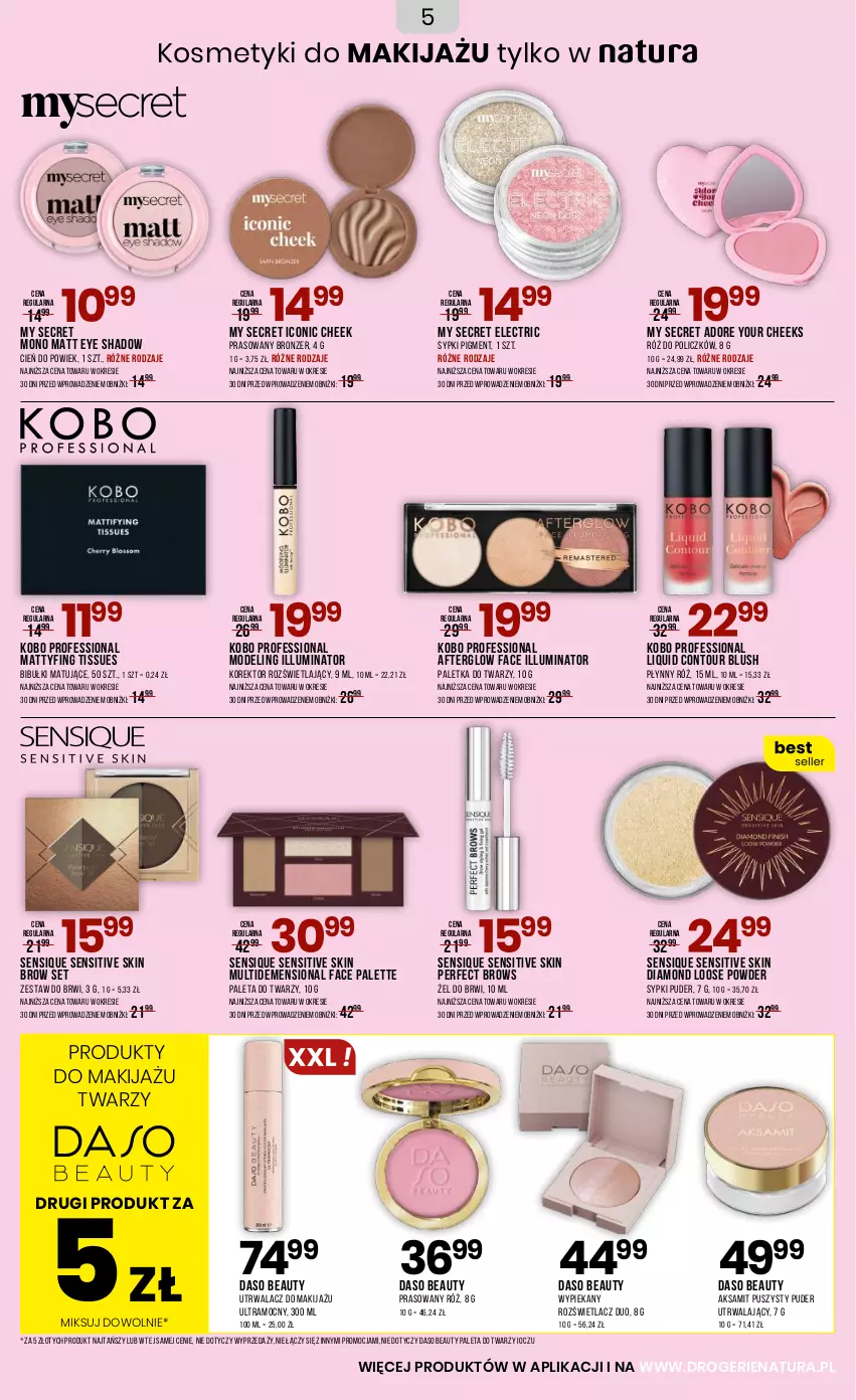 Gazetka promocyjna Drogerie Natura - Gazetka Drogerie Natura - ważna 03.09 do 19.09.2025 - strona 5 - produkty: Aksam, Bibułki, Bronzer, Cień, Fa, KOBO, Makijaż, Paleta, Palette, Produkty do makijażu, Puder, Róż do policzków, Rozświetlacz