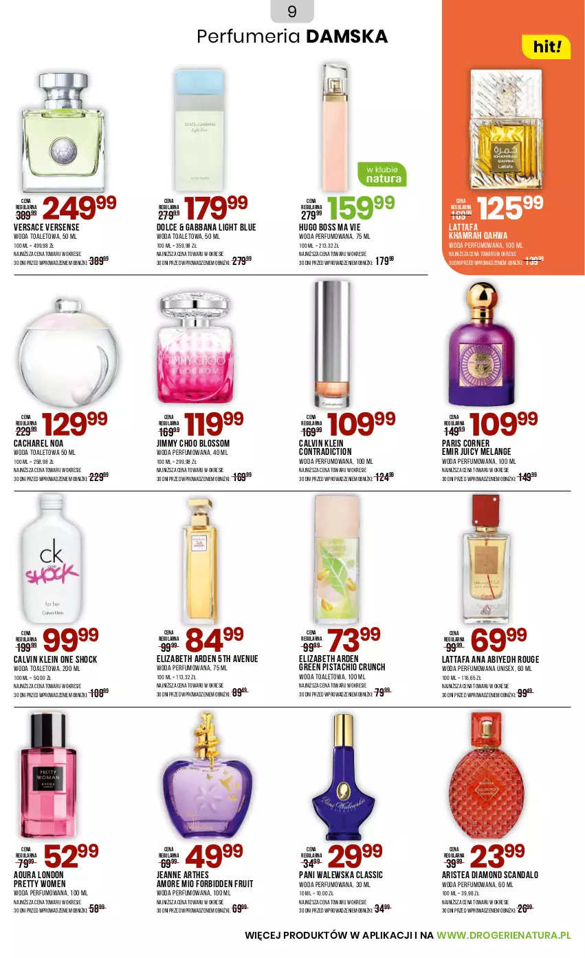 Gazetka promocyjna Drogerie Natura - Gazetka Drogerie Natura - ważna 03.09 do 19.09.2025 - strona 9 - produkty: Cacharel, Calvin Klein, Elizabeth Arden, Fa, Hugo Boss, Jimmy Choo, Perfum, Versace, Woda, Woda perfumowana, Woda toaletowa