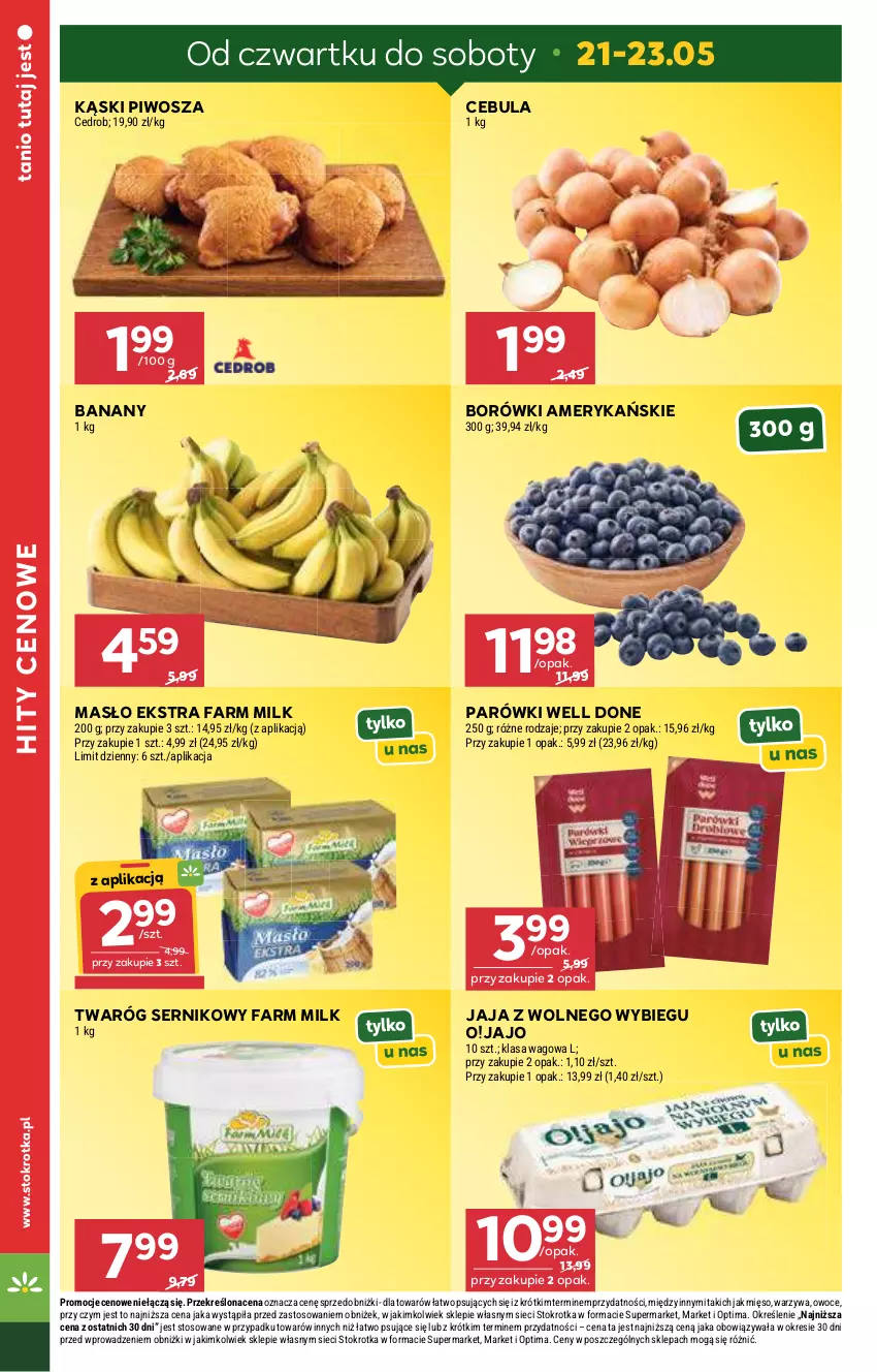 Gazetka promocyjna Stokrotka - Supermarket - ważna 21.05 do 27.05.2026 - strona 2 - produkty: Banany, Cebula, Fa, Farm Milk, Jaja, Jaja z wolnego wybiegu, Masło, Mięso, Optima, Owoce, Parówki, Piwo, Ser, Twaróg, Warzywa