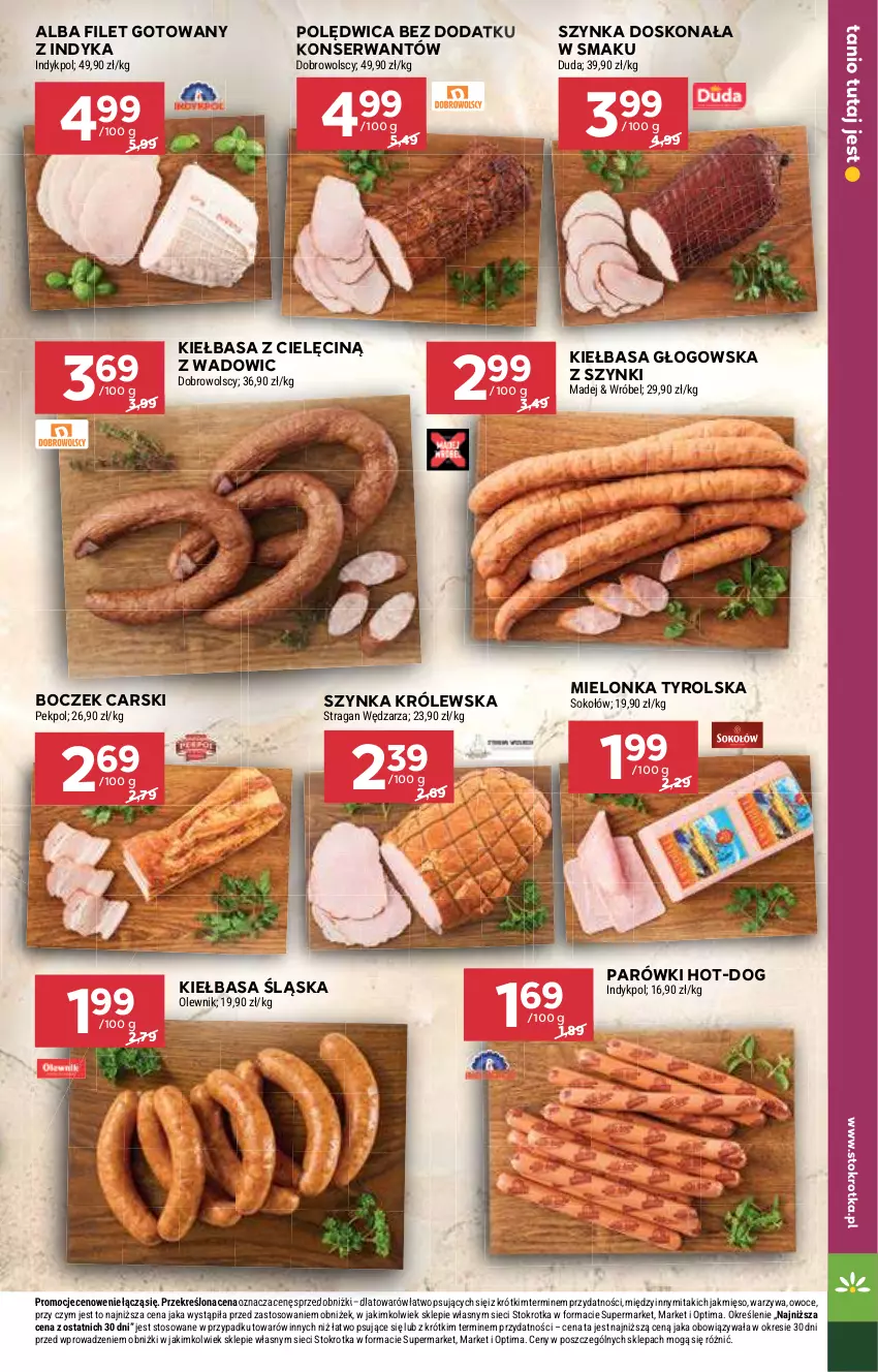 Gazetka promocyjna Stokrotka - Supermarket - ważna 21.05 do 27.05.2026 - strona 23 - produkty: Boczek, Cars, Duda, Kiełbasa, Kiełbasa głogowska, Kiełbasa śląska, Mielonka tyrolska, Mięso, Olewnik, Optima, Owoce, Parówki, Pekpol, Polędwica, Ser, Sok, Sokołów, Szynka, Szynka Królewska, Warzywa