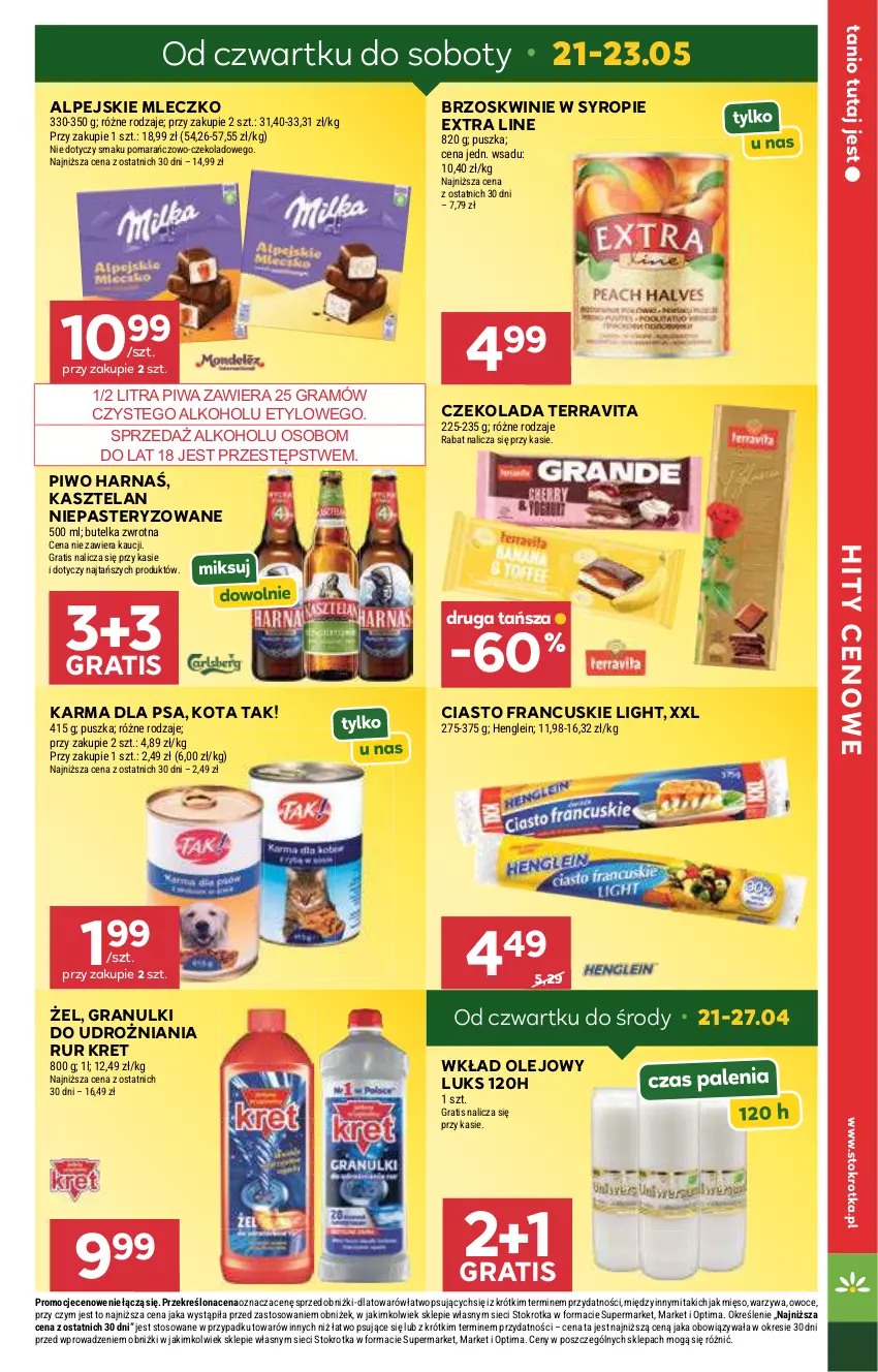 Gazetka promocyjna Stokrotka - Supermarket - ważna 21.05 do 27.05.2026 - strona 3 - produkty: Brzoskwinie, Ciasto francuskie, Czekolada, Gra, Harnaś, Kasztelan, Kret, Mięso, Mleczko, Olej, Optima, Owoce, Piwa, Piwo, Syrop, Warzywa, Wkład olejowy