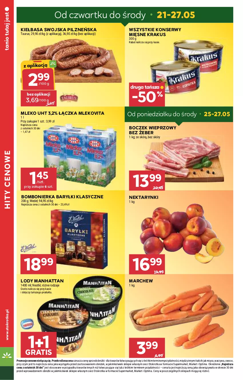Gazetka promocyjna Stokrotka - Supermarket - ważna 21.05 do 27.05.2026 - strona 4 - produkty: Baryłki, Boczek, Boczek wieprzowy, Gra, Kiełbasa, Krakus, Lody, Mięso, Mleko, Mlekovita, Nektar, Nestlé, Optima, Owoce, Ser, Warzywa