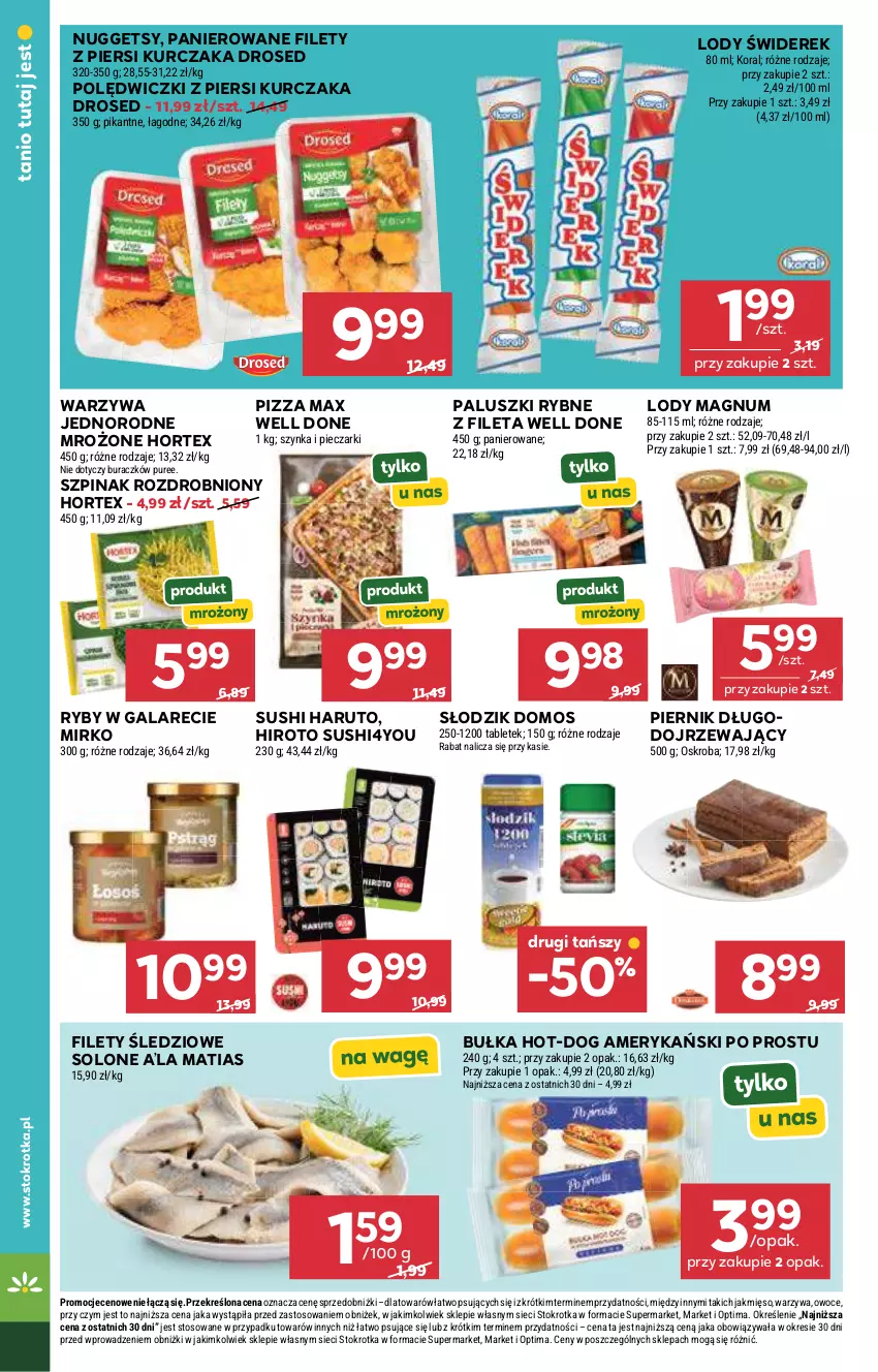 Gazetka promocyjna Stokrotka - Supermarket - ważna 21.05 do 27.05.2026 - strona 44 - produkty: Bułka, Gala, Hortex, Kurczak, Lody, Mięso, Optima, Owoce, Paluszki rybne, Piec, Piernik, Pizza, Pur, Sushi, Szpinak, Szynka, Tablet, Warzywa