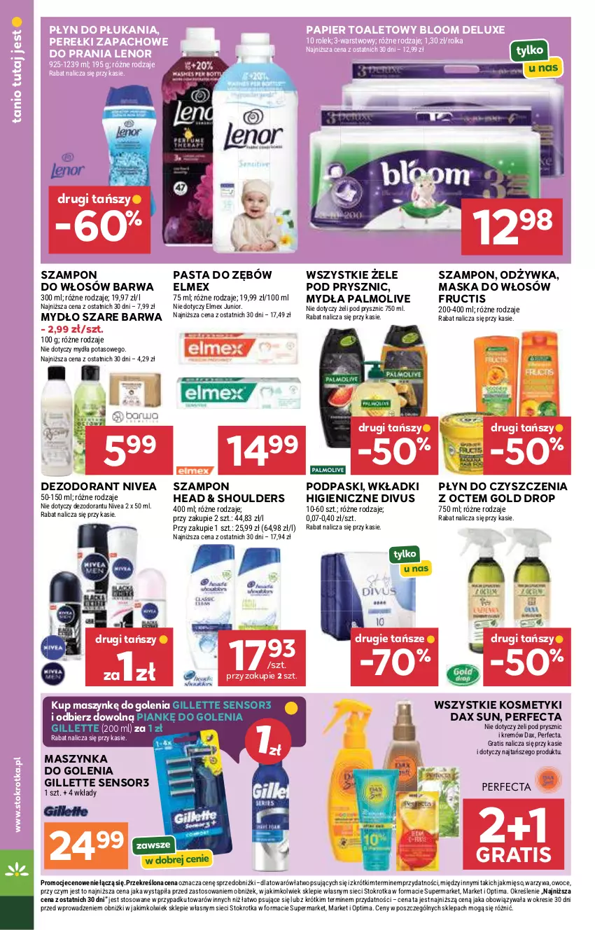 Gazetka promocyjna Stokrotka - Supermarket - ważna 21.05 do 27.05.2026 - strona 56 - produkty: DAX, Dezodorant, Elmex, Fructis, Gillette, Gra, Lenor, Maska, Maska do włosów, Maszynka, Maszynka do golenia, Mięso, Mydło, Nivea, Odżywka, Optima, Owoce, Palmolive, Papier, Papier toaletowy, Pasta do zębów, Perełki zapachowe, Perfecta, Płyn do płukania, Podpaski, Szampon, Szynka, Warzywa, Wkładki