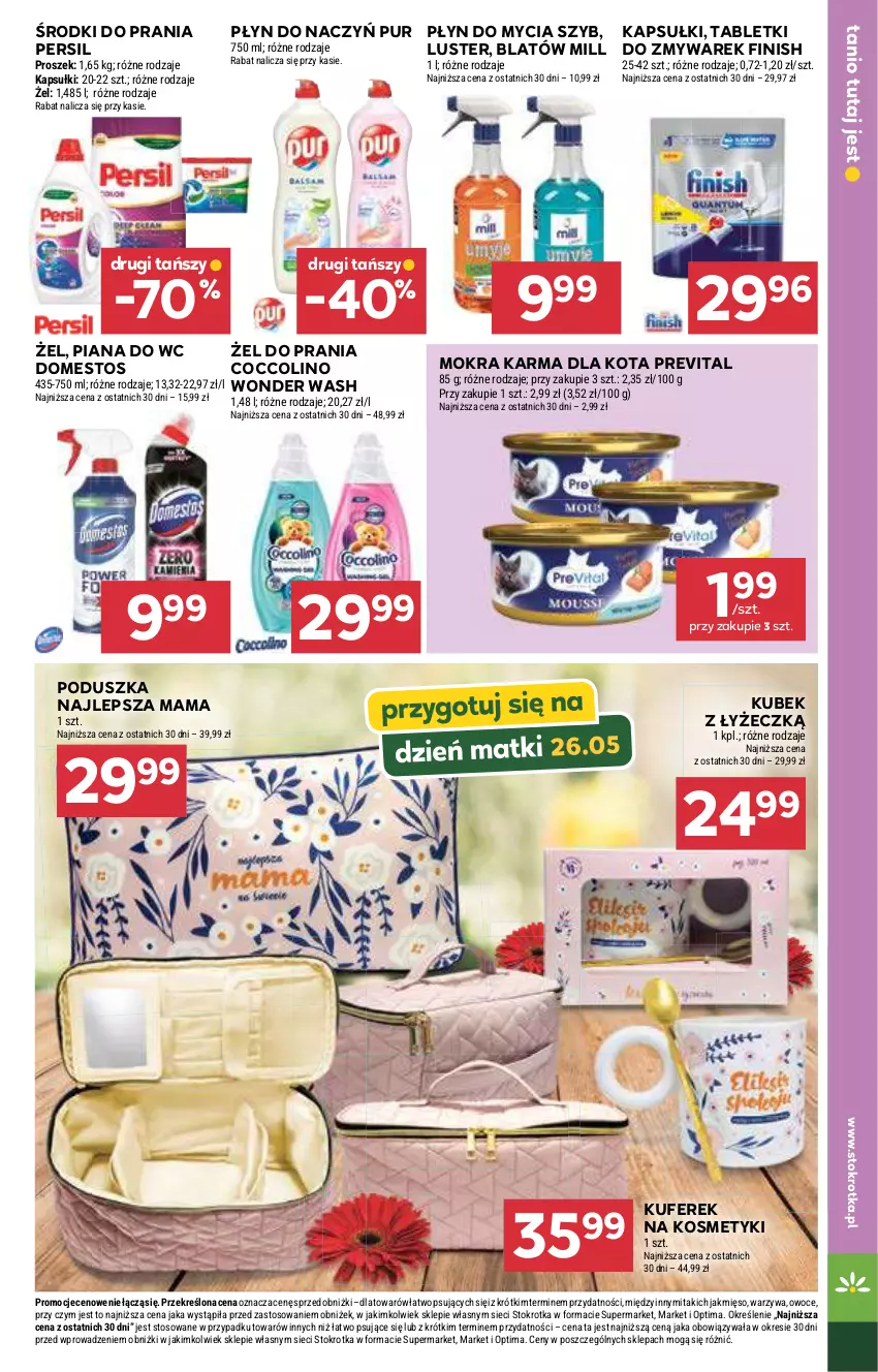 Gazetka promocyjna Stokrotka - Supermarket - ważna 21.05 do 27.05.2026 - strona 57 - produkty: Coccolino, Domestos, Finish, Kubek, Mięso, Mokra karma, Optima, Owoce, Persil, Płyn do mycia, Poduszka, Pur, Tablet, Warzywa