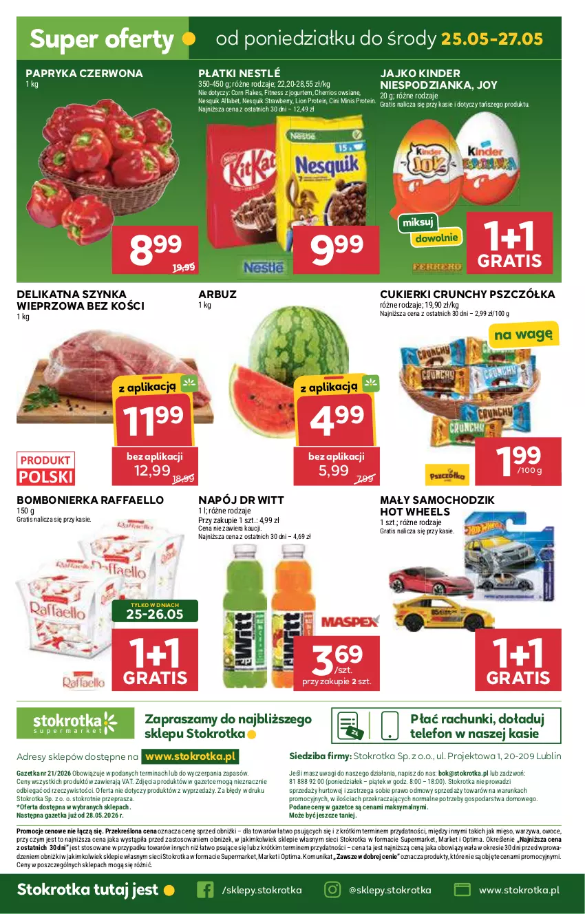 Gazetka promocyjna Stokrotka - Supermarket - ważna 21.05 do 27.05.2026 - strona 60 - produkty: Arbuz, Chodzik, Cini Minis, Corn flakes, Cukier, Cukierki, Dres, Fa, Gra, Hot Wheels, JBL, Jogurt, Kinder, Lion, Mięso, Napój, Nesquik, Nestlé, O nas, Optima, Owoce, Papryka, Papryka czerwona, Raffaello, Szynka, Szynka wieprzowa, Telefon, Wagi, Warzywa