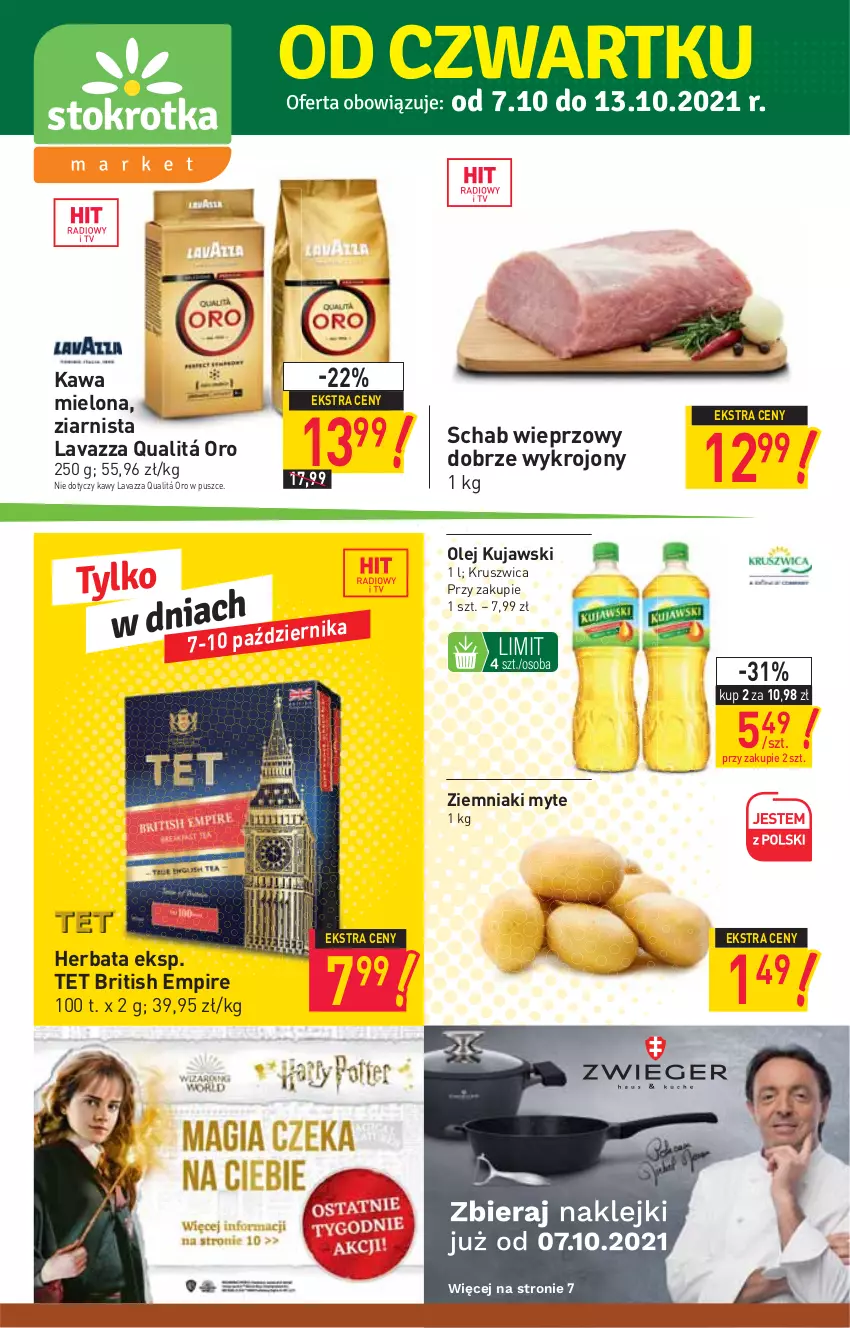 Gazetka promocyjna Stokrotka - Market - ważna 07.10 do 13.10.2021 - strona 1 - produkty: Brit, Herbata, Kawa, Kawa mielona, Kujawski, Lavazza, Olej, Schab wieprzowy, Ziemniaki