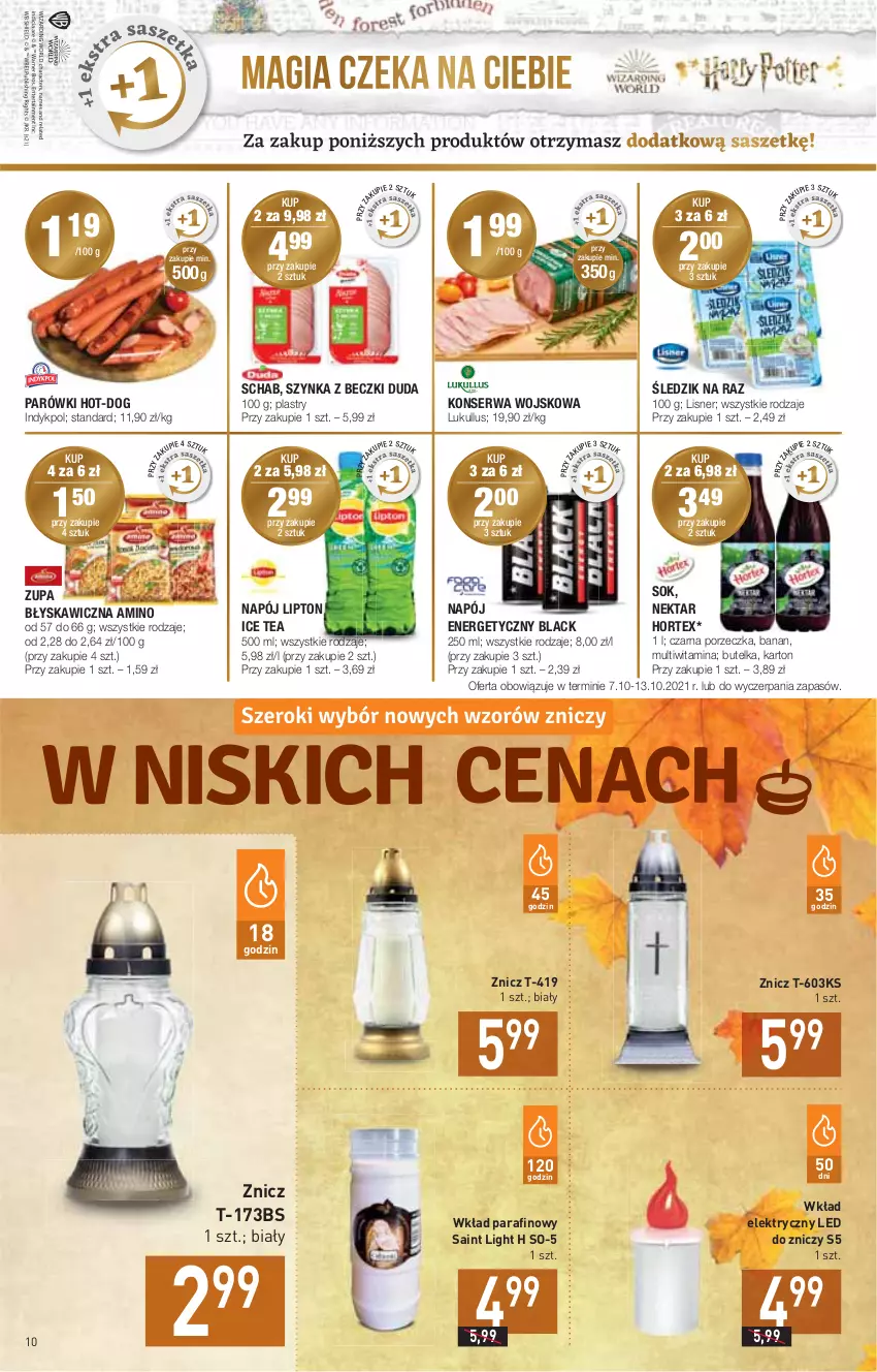 Gazetka promocyjna Stokrotka - Market - ważna 07.10 do 13.10.2021 - strona 10 - produkty: Duda, Hortex, Ice tea, Lack, Lipton, Lisner, Napój, Napój energetyczny, Nektar, Parówki, Por, Ser, Sok, Szynka, Szynka z beczki, Znicz, Zupa