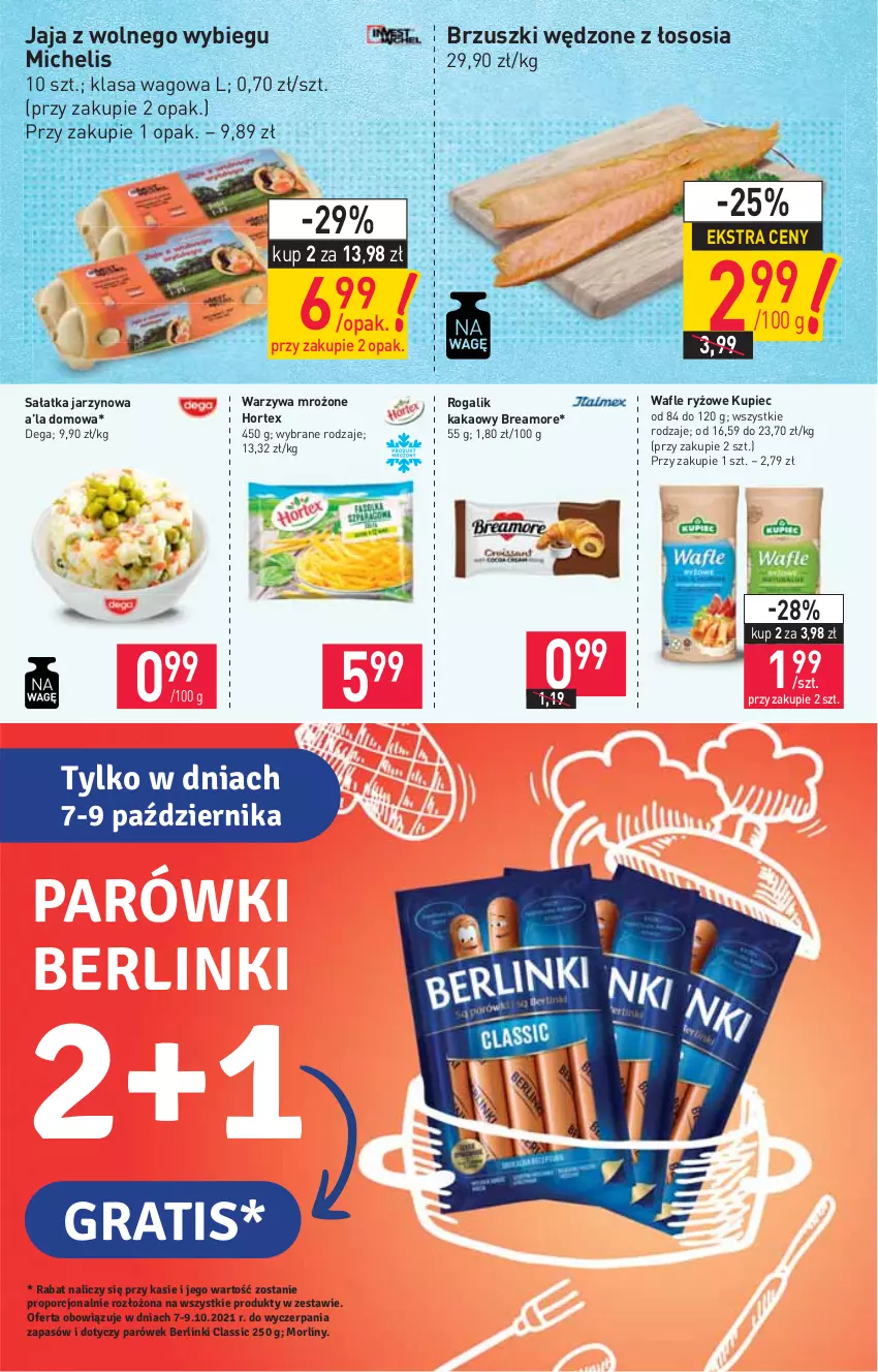 Gazetka promocyjna Stokrotka - Market - ważna 07.10 do 13.10.2021 - strona 4 - produkty: Dega, Gra, Hortex, Jaja, Jaja z wolnego wybiegu, Kakao, Kupiec, Parówki, Piec, Rogal, Ryż, Sałat, Sałatka, Sos, Wafle, Warzywa