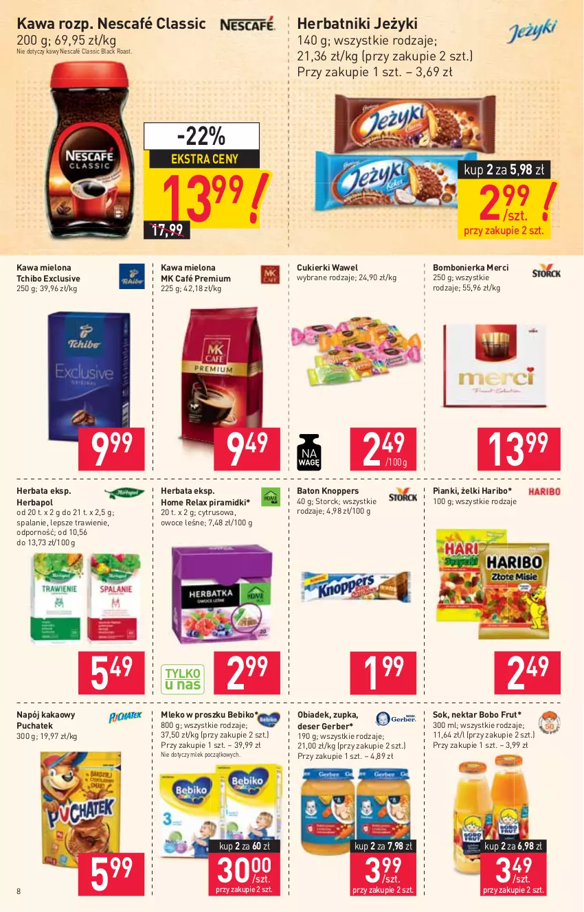 Gazetka promocyjna Stokrotka - Market - ważna 07.10 do 13.10.2021 - strona 8 - produkty: Baton, Bebiko, Cukier, Cukierki, Deser, Gerber, Haribo, Herbapol, Herbata, Herbatniki, Jeżyki, Kakao, Kawa, Kawa mielona, Knoppers, Lack, Merci, Mleko, Mleko w proszku, Napój, Nektar, Nescafé, Owoce, Por, Ser, Sok, Tchibo, Wawel