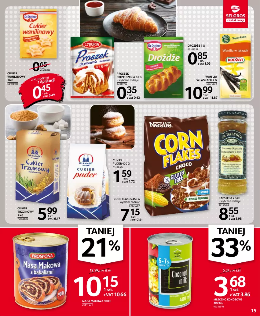 Gazetka promocyjna Selgros - Oferta spożywcza - ważna 10.11 do 24.11.2021 - strona 15 - produkty: Corn flakes, Cukier, Cukier puder, Cukier trzcinowy, Cukier wanilinowy, Drożdże, Kokos, Mleczko, Piec, Proszek do pieczenia, Puder