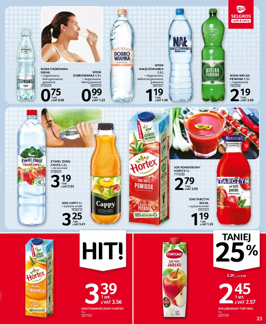 Gazetka promocyjna Selgros - Oferta spożywcza - ważna 10.11 do 24.11.2021 - strona 23 - produkty: Cappy, Cisowianka, Dobrowianka, Fortuna, Hortex, Nałęczowianka, Sok, Sok jabłkowy, Sok pomarańczowy, Sok pomidorowy, Woda