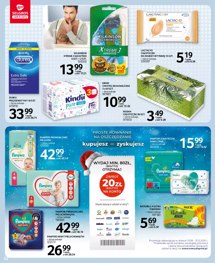 Gazetka promocyjna Selgros - Oferta spożywcza - ważna 10.11 do 24.11.2021 - strona 32 - produkty: Chusteczki, Chusteczki do higieny, Durex, Gin, Kindii, Lactacyd, Majtki, Naturell, Naturella, Pampers, Pieluchomajtki, Podpaski, Prezerwatyw