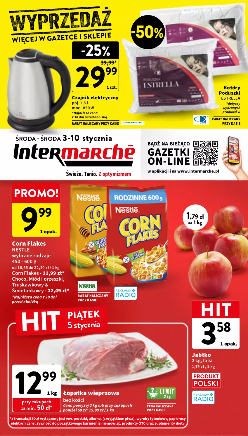 Gazetka promocyjna Intermarche - Gazetka Intermarche - ważna 03.01 do 10.01.2024 - strona 1 - produkty: Corn flakes, Czajnik, Czajnik elektryczny, Karmi, Miód, Orzeszki, Papier, Piwa, Tran