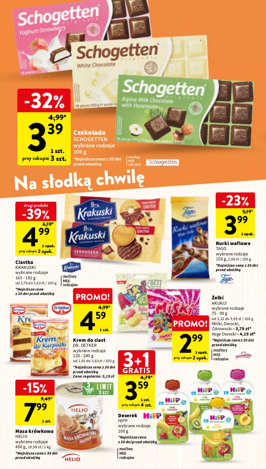 Gazetka promocyjna Intermarche - Gazetka Intermarche - ważna 03.01 do 10.01.2024 - strona 22 - produkty: Ciastka, Czekolada, Deser, Dr. Oetker, Gra, Helio, HiPP, Krakus, Krakuski, Masa krówkowa, Rurki, Schogetten, Ser, Serek, Tago