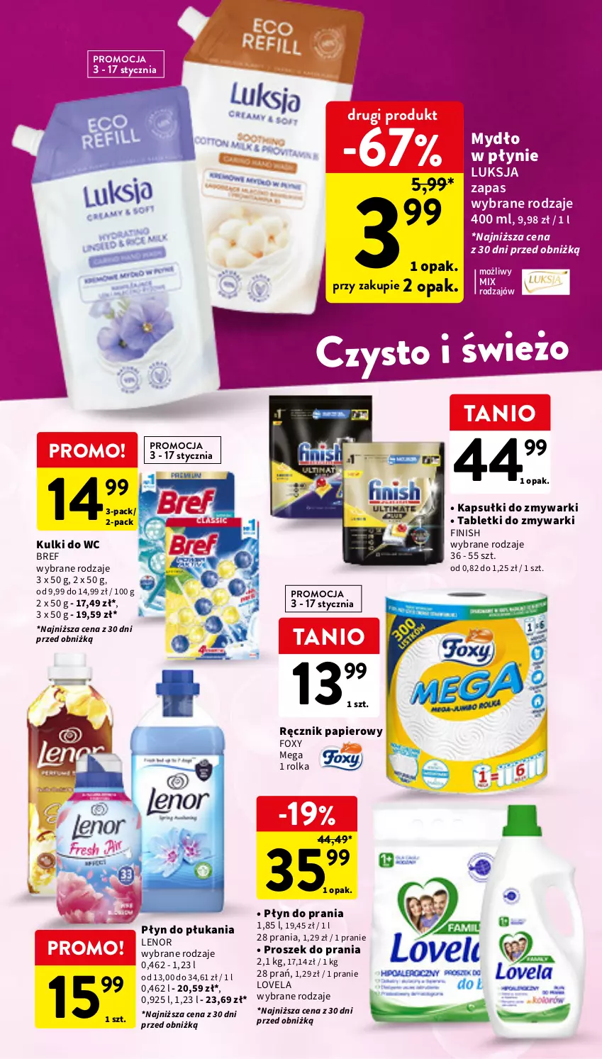 Gazetka promocyjna Intermarche - Gazetka Intermarche - ważna 03.01 do 10.01.2024 - strona 26 - produkty: Bref, Finish, Foxy, Kulki do wc, Lenor, Lovela, Luksja, Mydło, Mydło w płynie, Papier, Płyn do płukania, Płyn do prania, Proszek do prania, Ręcznik, Tablet, Tabletki do zmywarki, Zmywarki