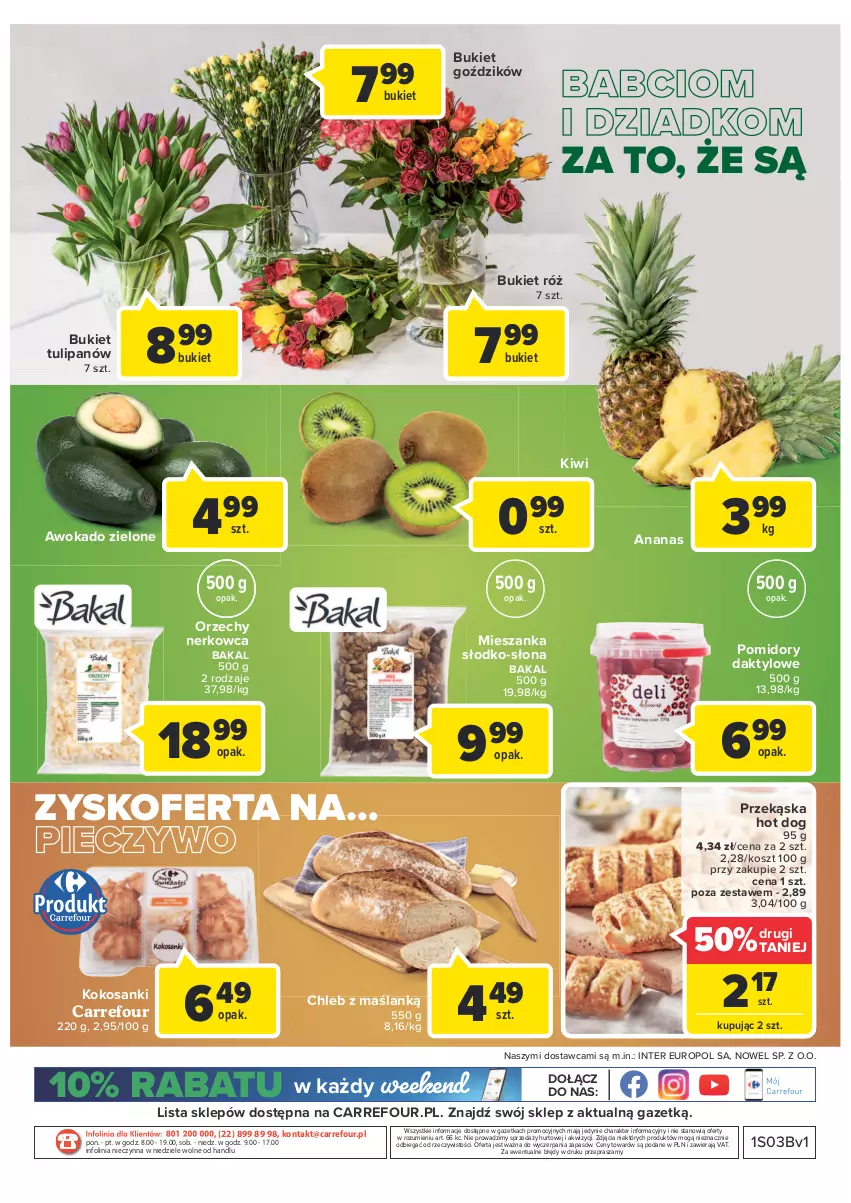 Gazetka promocyjna Carrefour - Gazetka Express - ważna 11.01 do 17.01.2022 - strona 2 - produkty: Ananas, Bukiet, Chleb, Hot dog, Kiwi, Kokos, Kosz, O nas, Piec, Pieczywo, Pomidory, Sanki, Tulipan